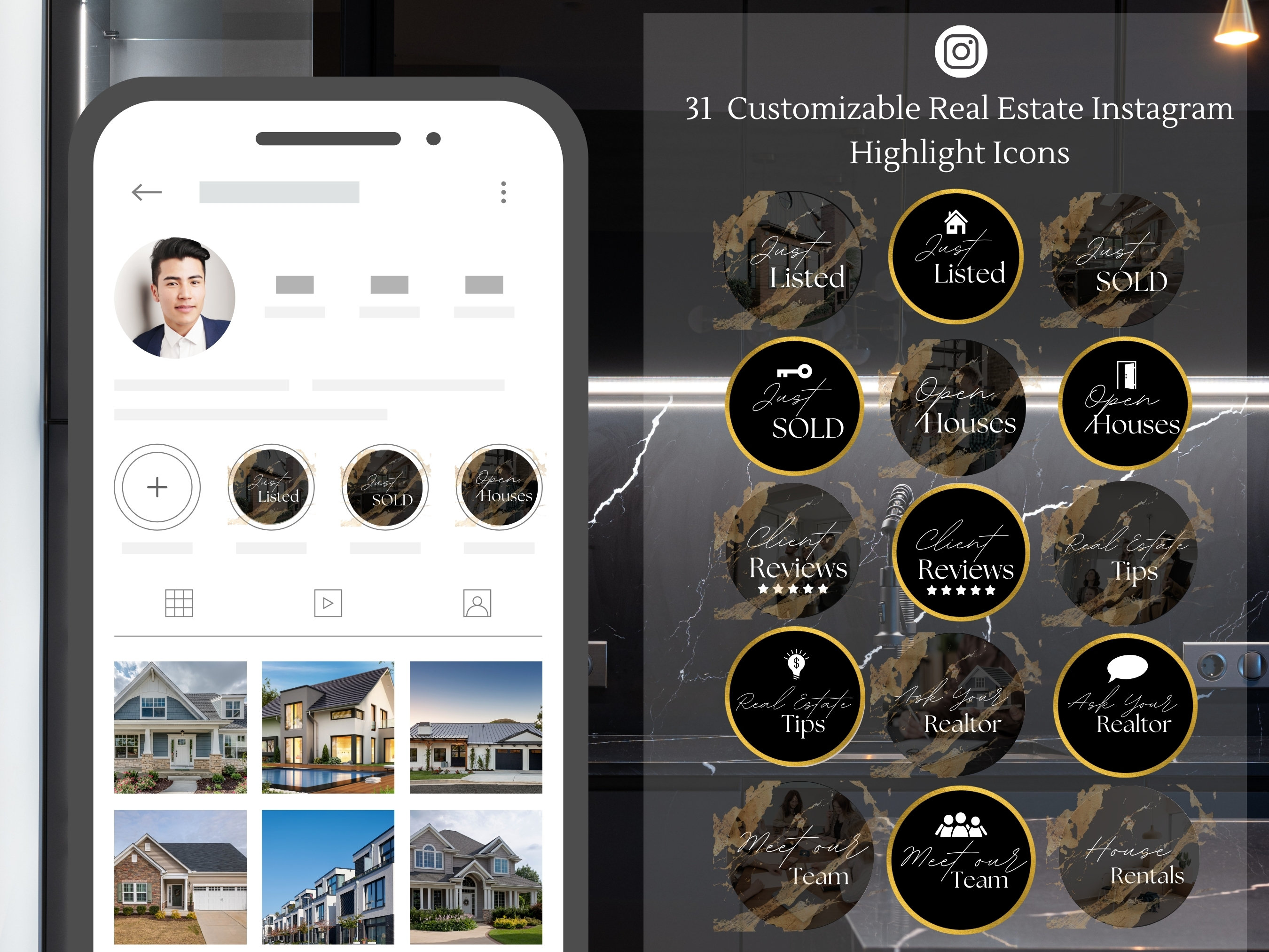 31 Customizable Gold Black Luxury Real Estate Instagram Story Highlight ...