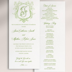 May include: A white wedding program featuring green text and a floral crest with the letter J. The front displays the names Jana Catherine Smith and Matthew Robert Jones, date, and location. The back lists the order of service and wedding party.