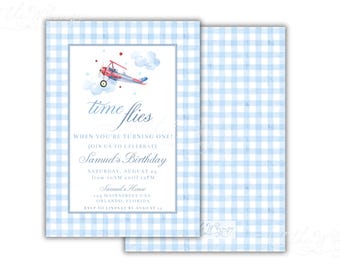 Airplane First Birthday Invitation – Blue Gingham Time Flies (Digital Download)