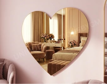 Gold Heart Wall Mirror, Acrylic Heart Mirror Wall Decor, Romantic Bedroom Mirror, Luxury Statement Wall Mirror