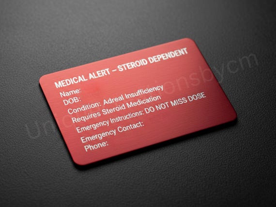 Steroid Dependent Medical Alert Card | Adrenal Insufficiency Emergency Wallet Card | Personalized Aluminum Medical ID