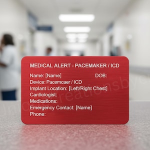 May include: A red medical alert card with rounded corners, displaying the text "MEDICAL ALERT - PACEMAKER / ICD." The card includes fields for name, device, implant location, cardiologist, medications, emergency contact, and phone number.