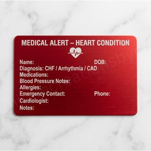Heart Condition Medical ID Card – Engraved Aluminum Wallet Alert for CHF, Arrhythmia, CAD Emergency Info