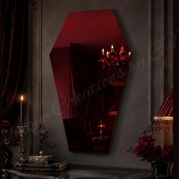 Espejo de ataúd rojo oscuro, espejo de pared gótico, espejo acrílico burdeos, decoración de dormitorio de vampiro, decoración gótica espeluznante para el hogar