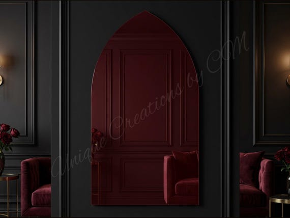Dark Red Gothic Arch Mirror, Burgundy Acrylic Wall Mirror, Pointed Cathedral Mirror, Vampire Bedroom Decor, Dark Romance Wall Decor