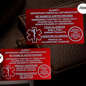 Custom Medical Alert Wallet Card– Personalized Emergency Info, Allergies, Medical Conditions – Aluminum Card, Emergency Medical Contact Card