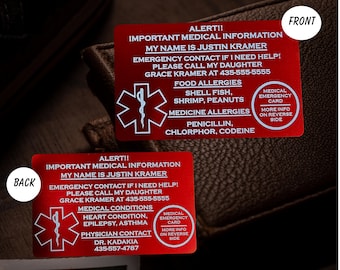 Custom Medical Alert Wallet Card– Personalized Emergency Info, Allergies, Medical Conditions – Aluminum Card, Emergency Medical Contact Card