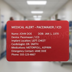 May include: A red medical alert card with white text. The card states "MEDICAL ALERT - PACEMAKER/ICD" and lists patient information including name, date of birth, device type, implant location, cardiologist, medications, emergency contact, and phone number.
