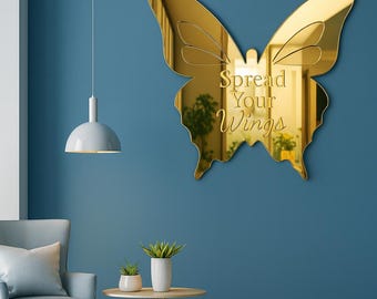 Butterfly Mirror Wall Sign – Engraved Quote “Spread Your Wings” – Inspirational Home, Office, or Bedroom Décor