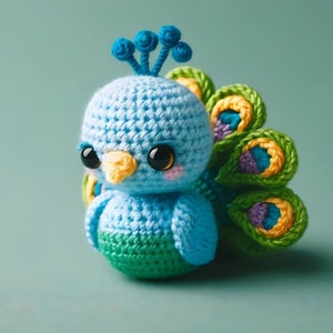 May include: A crocheted peacock toy with a blue body, green tail feathers, and yellow accents. The toy has large black eyes and a small orange beak.