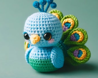 May include: A crocheted peacock toy with a blue body, green tail feathers, and yellow accents. The toy has large black eyes and a small orange beak.
