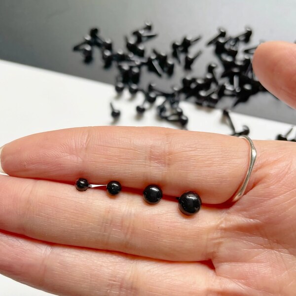 Black Glass Eyes On Wire Pins (10 Pairs) ~ 3-4-7.5-8-9-10-12-13.5mm For needle felting sculptures, felt animals, dolls, amigurumi, ooak