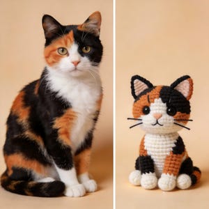 May include: A calico cat with black, orange, and white fur sitting next to a small, crocheted amigurumi cat toy. The toy features the same tricolor pattern with black, orange, and white yarn, black plastic eyes, and embroidered whiskers.
