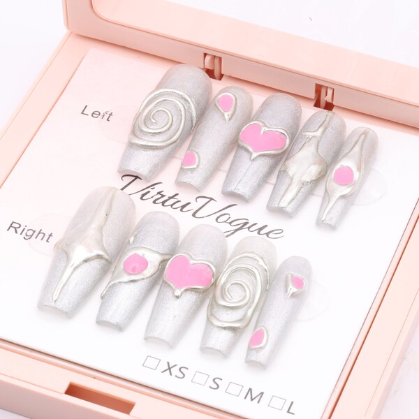 Metallic Love | 100% Handcrafted Nail with FREE Nail Kit | 10pc Set | Handmade Stunning Nails | Long Ballerina/Coffin | Long-lasting