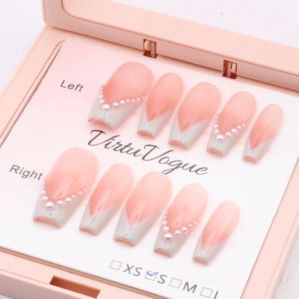 Peach Pearl French Tip | 100% Handcrafted Nail with FREE Nail Kit | 10pc Set | Handmade Nails | Long Ballerina/Coffin | Long-lasting