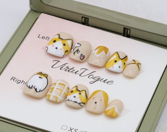 Cute Corgi | 100% Handcrafted Press On Nails with FREE Nail Kit | 10pc Set | Handmade Stunning Nails | Short Natural | Long-lasting