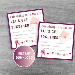 Valentinstag Playdate-Karten für Kinder, in Kontakt bleiben, Visitenkarte für Kinder, Schulende, Frühlingsferien für Kinder, Kontaktinformationen für Kinder