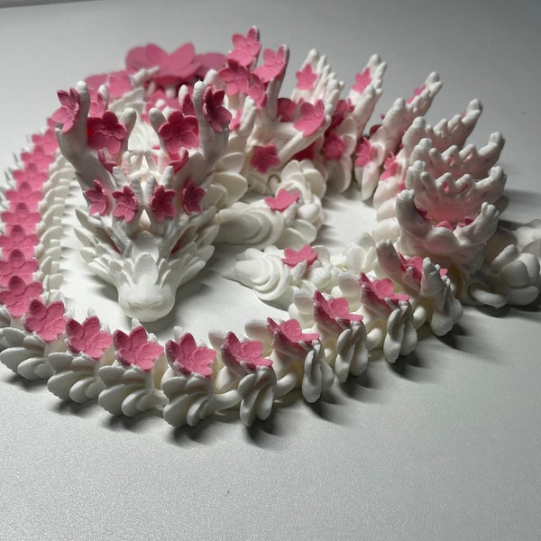 3D Printed Cherry Blossom Dragon Sculpture - Whimsical Fantasy Art
