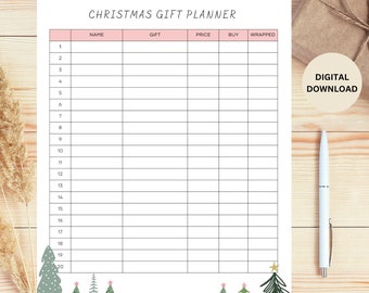 Peut inclure: Un planificateur de cadeaux de Noël imprimable avec un en-tête rose et une grille pour lister les noms, les cadeaux, les prix, si le cadeau a été acheté et s'il a été emballé. Le planificateur est décoré de sapins de Noël verts et blancs en bas.