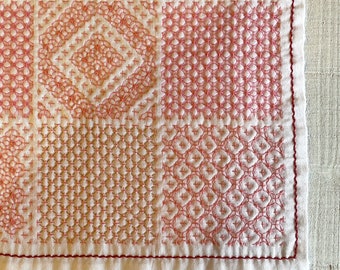 Japanese sashiko embroidery kitchen tea towel "Cross flower stab arrangement" Hand stitching tea mat , Tea mat Hand Stitching Table mat