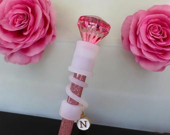 Interchangeable & Personalizable Pink Rose/Clear Diamond Straw Topper for 10 mm Straws