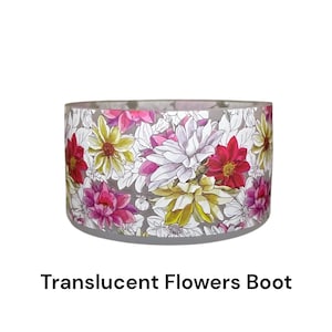 May include: A translucent gray flower pot with a floral print featuring pink, red, white, and yellow flowers. The pot is labeled "Translucent Flowers Boot".