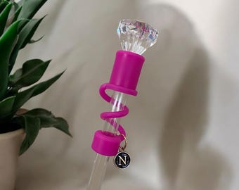 Interchangeable & Personalizable Clear/Hot Pink Diamond Straw Topper for 10 mm Straws