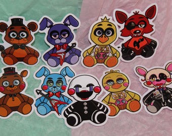 May include: A collection of colorful cartoon character stickers. The stickers feature various animal-like characters, including bears, bunnies, ducks, and foxes, each with unique designs and accessories. The characters are in various colors, including brown, blue, yellow, and red.