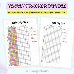 May include: A yearly tracker bundle printable featuring two Rate My Day sheets. One sheet shows a grid with colorful squares representing 1 to 5 stars, while the other is a blank grid for tracking. Text includes Yearly Tracker Bundle, A4, US Letter & A5.