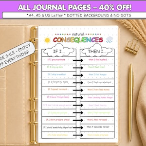 May include: A printable journal page titled Natural Consequences featuring a two-column chart with If I and Then I headers. The page includes colorful text, cloud graphics, and a dotted grid layout. It is displayed inside a tan binder with a gold pen.