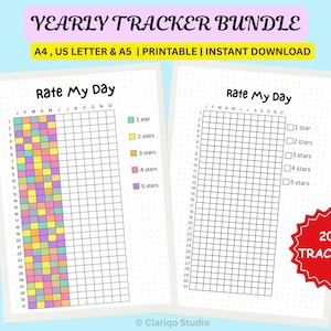 Peut inclure: Un ensemble de suivi annuel comprenant deux feuilles imprimables Rate My Day avec des grilles pour les mois et les jours. Une feuille montre des carrés colorés pour les évaluations, l'autre est vide. Texte inclus : YEARLY TRACKER BUNDLE, A4, US LETTER & A5, 20+ TRACKERS.