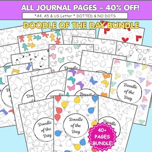 May include: A collection of printable journal pages titled Doodle of the Day Bundle. The pages feature various repeating patterns including gingerbread men, rabbits, butterflies, hot air balloons, and hats, with some elements coloured and others in black outline.