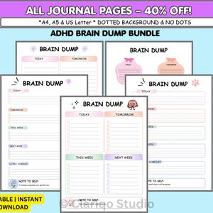 Könnte beinhalten: Ein digitales ADHD Brain Dump Bündel mit mehreren druckbaren Journal-Seiten, die pastellfarbene Abschnitte für heute, morgen, diese Woche, nächste Woche und später enthalten. Jede Seite bietet eine Brain Dump Überschrift, Checkboxen und Notizen.
