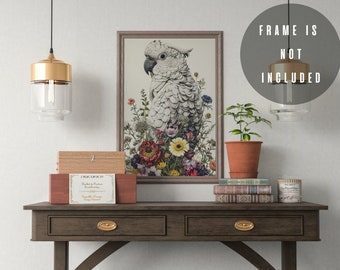 Umbrella Cockatoo flowers Rolled Posters, Cockatoo flowers Wall Art, Cockatoo Photo, Cockatoo Art, Animal Poster, Bird Art, Bird Lover