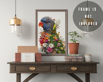 Lorikeet flowers Rolled Posters, Lorikeet flowers Wall Art, Parrot, Lorikeet Art, Animal Poster, Bird Art, Bird Lover, Bird Wall Art