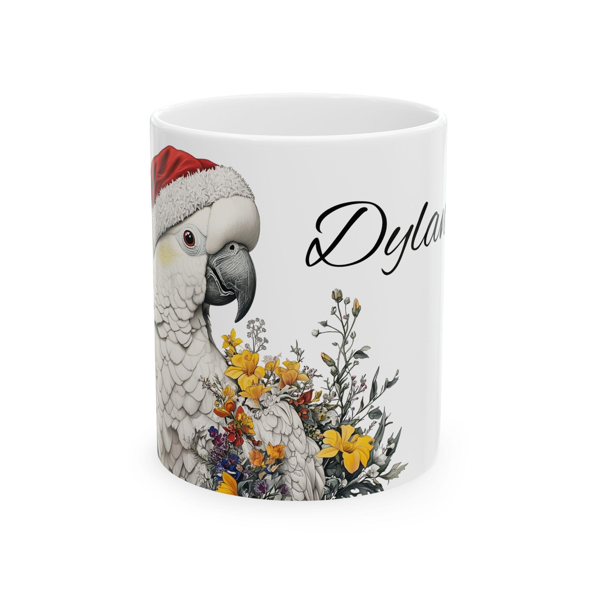 Christmas Cockatoo Ceramic Mug | Bird Coffee Cup, Christmas Gift, Custom Name, Bird Lover Gift, 11oz, 15oz