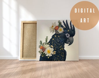 PRINTABLE Black Cockatoo flowers Wall Art, Black Cockatoo Photo, Black Cockatoo Art, Animal Poster, Animal Canvas, Digital Download, BirdArt