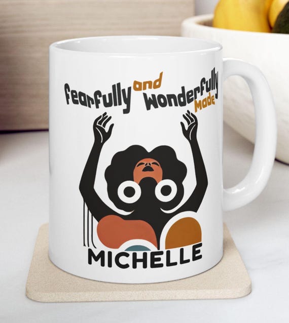 Fearfully and Wonderfully Made - Personalized African American Woman Mug  with Name, Scripture Coffee Cup, Spiritual Gift for Black Women