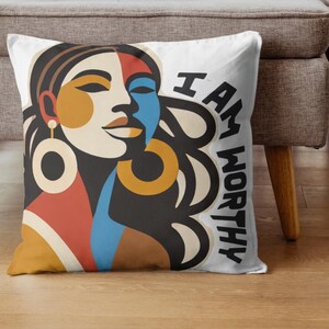 I Am Worthy -Black Woman Affirmation Throw Pillow, Inspirational Decor, Empowering Black Women Gift, Self-Love Decorative Cushion