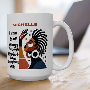 I Can Do All Things - Personalized African American Woman Mug with Name, Scripture Coffee Cup, Spiritual Gift for Black Women