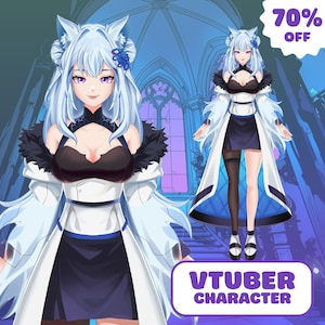 Puede incluir: Una ilustración digital de un personaje de anime de cabello blanco con orejas de lobo y un atuendo azul y blanco. El personaje está de pie en una habitación de estilo gótico con una ventana en el fondo. El texto "VTUBER CHARACTER" está en la parte inferior de la imagen. El texto "70% OFF" está en la esquina superior derecha de la imagen.