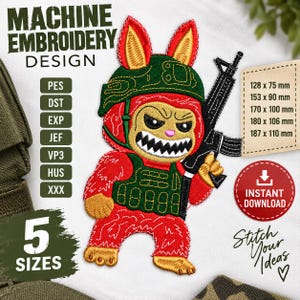 Diseño de bordado a máquina de divertido soldado monstruo, bordado de ejército de conejos, monstruo táctico con rifle, archivo de bordado digital