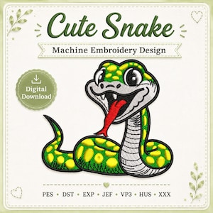 Leuk slangenborduurpatroon, cartoonslang borduurpatroon voor de borduurmachine, grappig reptielenontwerp, dierenborduurwerk voor kinderen