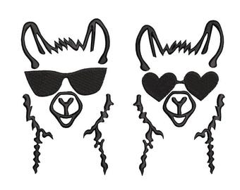 Lama embroidery, 2 lama embroidery, lama with glasses embroidery, Animal Embroidery, black embroidery,