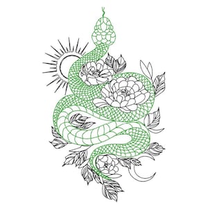 May include: A green snake coiled around flowers and leaves, with a sun and moon in the background. The snake is outlined in black, and the flowers and leaves are also outlined in black.
