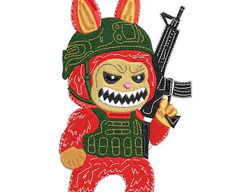 Tactical Labubu Machine Embroidery Design, Military Labubu Digital File, Soldier Monster Embroidery Pattern, Funny Labubu with Rifle