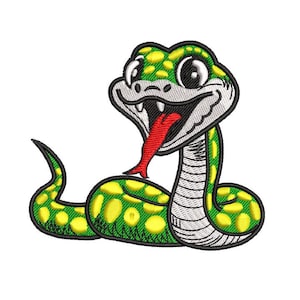 Può includere: Un serpente di cartone animato con un corpo verde e giallo, una testa bianca e una lingua rossa che sporge. Il serpente ha occhi grandi e rotondi e un ampio sorriso.
