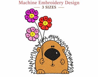 Cute Hedgehog Embroidery Design, Hedgehog with Flowers Machine Embroidery, Woodland Animal Embroidery File, 3 Sizes