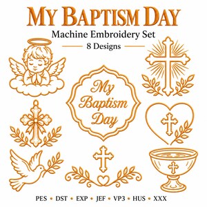 Może przedstawiać: Cyfrowa kolekcja ośmiu złotych wzorów do haftu maszynowego zatytułowana My Baptism Day. Zestaw zawiera ilustracje modlącego się anioła, krzyży, serca, gołębicy z gałązką oliwną oraz chrzcielnicy, wykonane w stylu liniowym.