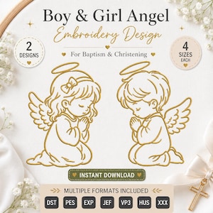 Może przedstawiać: Wzór haftu przedstawiający złotego konturowego aniołka chłopca i dziewczynkę klęczących w modlitwie. Tekst zawiera Boy & Girl Angel Embroidery Design, For Baptism & Christening, 2 DESIGNS, 4 SIZES EACH, INSTANT DOWNLOAD oraz formaty plików DST, PES, EXP, JEF, VP3, HUS, XXX.